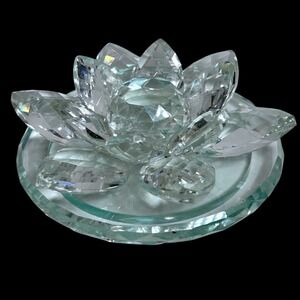 Crystal Lotus Flower Figurine 4" Faceted Glass Paperweight Feng Shui Decor Clear